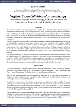 Negent: Cannabidiol-Based Aromatherapy Theoretical Aspects, Pharmacology, Clinical and Research Perspectives, Economic and Social Implications