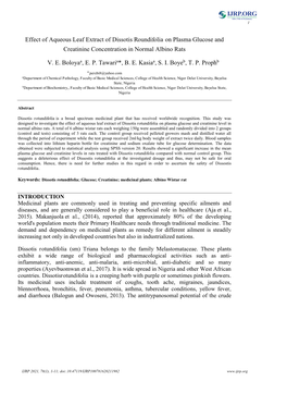 Effect of Aqueous Leaf Extract of Dissotis Roundifolia on Plasma Glucose and Creatinine Concentration in Normal Albino Rats