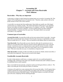 Accounting 101 Chapter 7 – Accounts and Notes Receivable Prof. Johnson