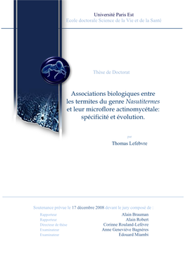Associations Biologiques Entre Les Termites Du Genre Nasutitermes Et Leur Microflore Actinomycétale: Spécificité Et Évolution