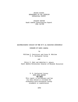 Saudi Arabia Investigation Report (IR) SA-126 RECONNAISSANCE GEOLOGY of the BI'r AL BADRIYAH QUADRANGLE KINGDOM of SAUDI ARABIA