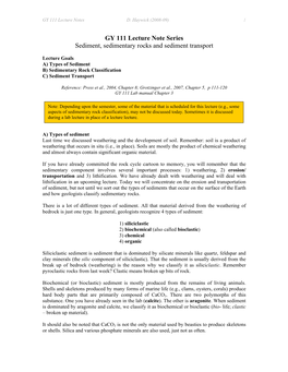 GY 111 Lecture Note Series Sediment, Sedimentary Rocks and Sediment Transport