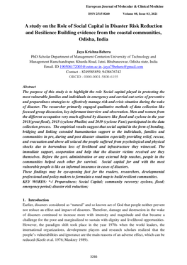 A Study on the Role of Social Capital in Disaster Risk Reduction and Resilience Building Evidence from the Coastal Communities, Odisha, India