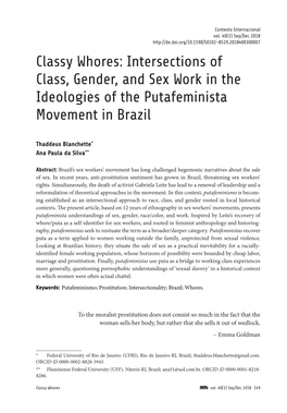 Classy Whores: Intersections of Class, Gender, and Sex Work in the Blanchette & Silva Ideologies of the Putafeminista Movement in Brazil