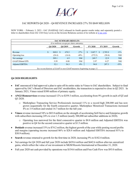 Iac Reports Q4 2020 – Q4 Revenue Increases 27% to $849 Million