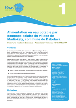 Alimentation En Eau Potable Par Pompage Solaire Du Village De Madiokely, Commune De Dabolava