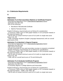 A – Z Admission Requirements a Afghanistan