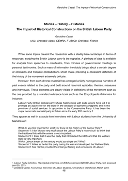 Histories the Impact of Historical Constructions on the British Labour Party