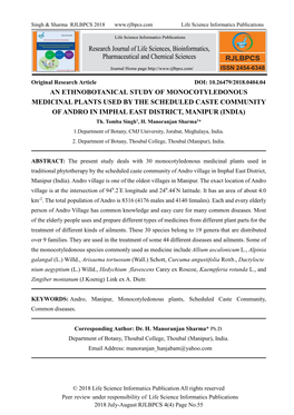 AN ETHNOBOTANICAL STUDY of MONOCOTYLEDONOUS MEDICINAL PLANTS USED by the SCHEDULED CASTE COMMUNITY of ANDRO in IMPHAL EAST DISTRICT, MANIPUR (INDIA) Th