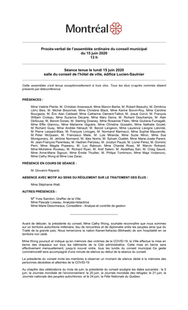 Procès-Verbal De L'assemblée Ordinaire Du Conseil Municipal Du 15 Juin 2020 13 H Séance Tenue Le Lundi 15 Juin 2020 Salle D