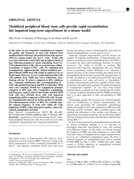 Mobilized Peripheral Blood Stem Cells Provide Rapid Reconstitution but Impaired Long-Term Engraftment in a Mouse Model