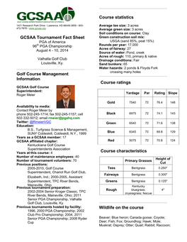 GCSAA Tournament Fact Sheet Golf Course Management Information Course Statistics Wildlife on the Course Course Ratings Course Ch