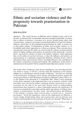 Ethnic and Sectarian Violence and the Propensity Towards Praetorianism in Pakistan