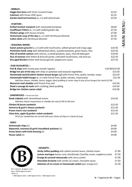 Haggis Bon Bons with Arran Mustard Mayo £2.25 Calamari with House Chilli Sauce £2.25 Garden Beetroot Hummus (V, V+) with Pitta Bread £3.50