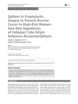 Options in Prophylactic Surgery to Prevent Ovarian Cancer in High-Risk Women: How New Hypotheses of Fallopian Tube Origin Influence Recommendations Casey L