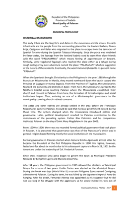 Republic of the Philippines Province of Isabela Municipality of Palanan HISTORICAL BACKGROUND the Early Tribes Are the Negrito I