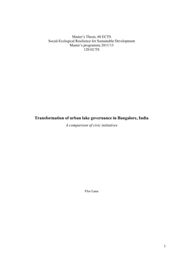 Transformation of Urban Lake Governance in Bangalore, India a Comparison of Civic Initiatives