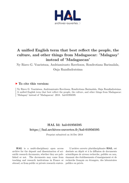 A Unified English Term That Best Reflect the People, the Culture, and Other Things from Madagascar: ’Malagasy’ Instead of ’Madagascan’ Ny Riavo G