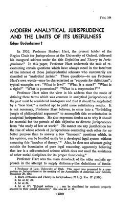 MODERN ANALYTICAL JURISPRUDENCE and the LIMITS of ITS USEFULNESS Edgar Bodenheimer T