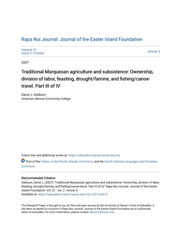 Traditional Marquesan Agriculture and Subsistence: Ownership, Division of Labor, Feasting, Drought/Famine, and Fishing/Canoe- Travel