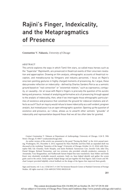Rajini's Finger, Indexicality, and the Metapragmatics Of