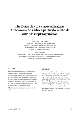 Histórias De Vida E Aprendizagem a Memória Do Rádio a Partir Do Relato De Ouvintes Septuagenários