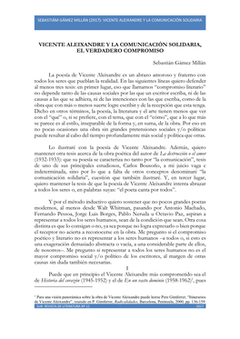 Sebastiám Gámez Millán (2917): Vicente Aleixandre Y La Comunicación Solidaria