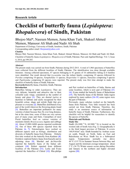 (Lepidoptera: Rhopalocera) of Sindh, Pakistan