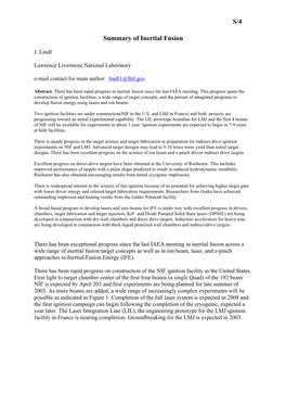 S/4 Summary of Inertial Fusion