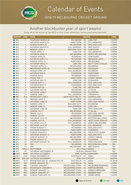 Calendar of Events 2018/19 MELBOURNE CRICKET GROUND