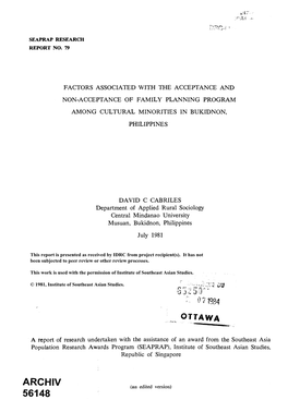 FACTORS ASSOCIATED with the ACCEPTANCE and NON-ACCEPTANCE of FAMILY PLANNING PROGRAM AMONG CULTURAL MINORITIES in BUKIDNON, PHILIPPINES
