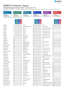 DIRECTV Channel Lineup Residential Packages in ZIP Code 41268 | As Of: December 6, 2019 ALL DIRECTV Packages Require a 24-Month Agreement