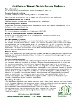 Certificate of Deposit Truth-In-Savings Disclosure Rate Information the Interest Rate Is Guaranteed for the Term Or Interest Period of the CD