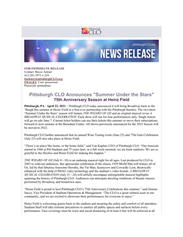 Pittsburgh CLO Announces "Summer Under the Stars"