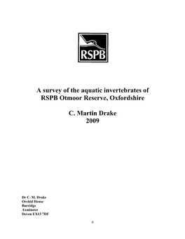 A Survey of the Aquatic Invertebrates of RSPB Otmoor Reserve, Oxfordshire