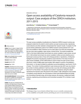 Open Access Availability of Catalonia Research Output: Case Analysis of the CERCA Institution, 2011-2015