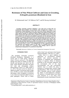 Resistance of Nine Wheat Cultivars and Lines to Greenbug, Schizaphis Graminum (Rondani) in Iran