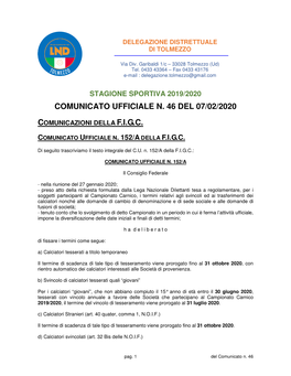 Comunicato Ufficiale N. 46 Del 07/02/2020