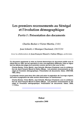 Les Premiers Recensements Au Sénégal Et L'évolution Démographique