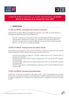 COMITÉ DIRECTEUR DE LA LIGUE NATIONALE DE RUGBY Rélevé De Décisions De La Réunion Du 9 Mars 2021