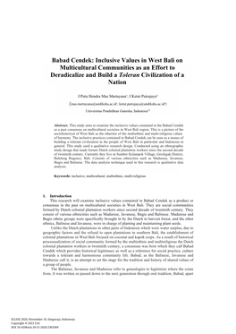 Babad Cendek: Inclusive Values in West Bali on Multicultural Communities As an Effort to Deradicalize and Build a Toleran Civilization of a Nation