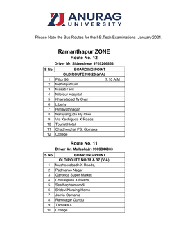 Bus Routes for the I-B.Tech Examinations January 2021