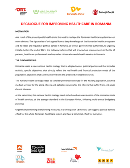Decalogue for Improving Healthcare in Romania (2020)