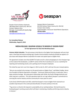 MEDIA RELEASE: SEASPAN VESSELS to MOOR at OGDEN POINT 15-Year Agreement for Dock and Workshop Space