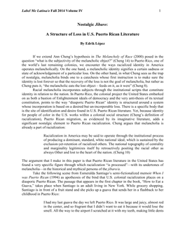 Nostalgic Jíbaro: a Structure of Loss in U.S. Puerto Rican Literature