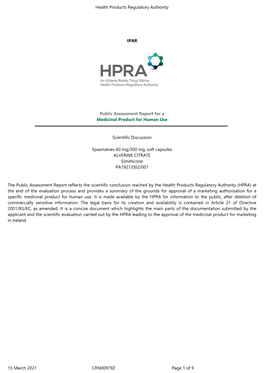 Health Products Regulatory Authority 15 March 2021 CRN00979Z Page 1 of 9 IPAR Public Assessment Report for a Medicinal Product F