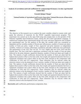 Analysis of Correlation and Trail Coefficients for Componentperformance S in Nine Experimental 2 Tomato Lines