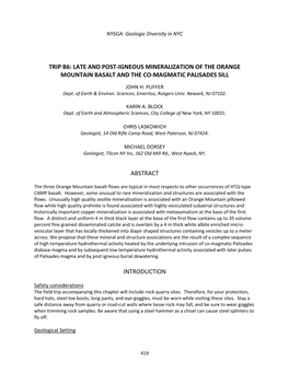 Late and Post-Igneous Mineralization of the Orange Mountain Basalt and the Co-Magmatic Palisades Sill