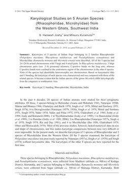 Karyological Studies on 5 Anuran Species (Rhacophoridae, Microhylidae) from the Western Ghats, Southwest India