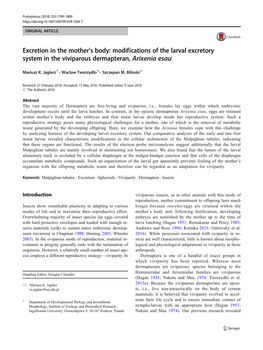 Excretion in the Mother's Body: Modifications of the Larval Excretory System in the Viviparous Dermapteran, Arixenia Esau